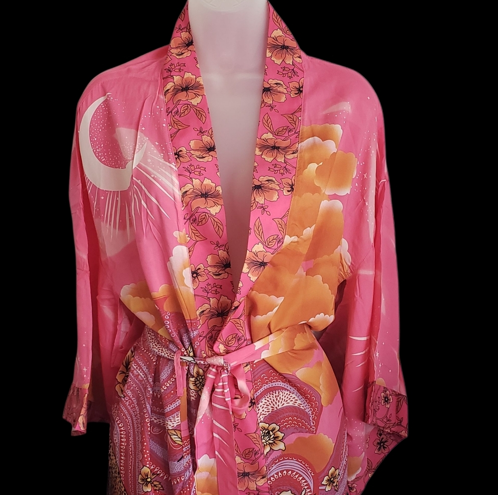 Pink Floral Silky Kimono Robe